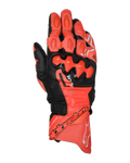 Alpinestars GP Plus R V3 læderhandsker, motorcykel racinghandsker, rød, fluorød og sort, topvisning med premium læderkonstruktion, TPU dual-density knobeskyttere, perforerede ventilationszoner, fingerslidere og Alpinestars-branding på manchetten