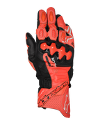 Alpinestars GP Plus R V3 læderhandsker, motorcykel racinghandsker, rød, fluorød og sort, topvisning med premium læderkonstruktion, TPU dual-density knobeskyttere, perforerede ventilationszoner, fingerslidere og Alpinestars-branding på manchetten