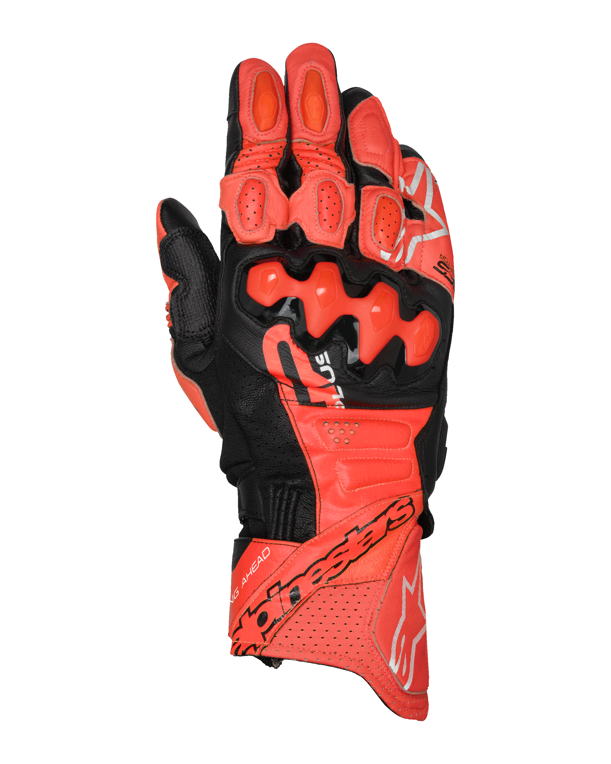 Alpinestars GP Plus R V3 læderhandsker, motorcykel racinghandsker, rød, fluorød og sort, topvisning med premium læderkonstruktion, TPU dual-density knobeskyttere, perforerede ventilationszoner, fingerslidere og Alpinestars-branding på manchetten