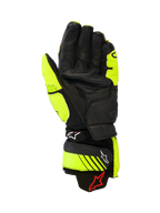 Alpinestars GP Plus R V3 læderhandsker, racing- og sportsmotorcykelhandsker, gul fluo og sort, håndfladevisning der viser læderkonstruktion, forstærkede grebsområder og justerbare manchetstropper med Alpinestars-branding, højtydende baneudstyr