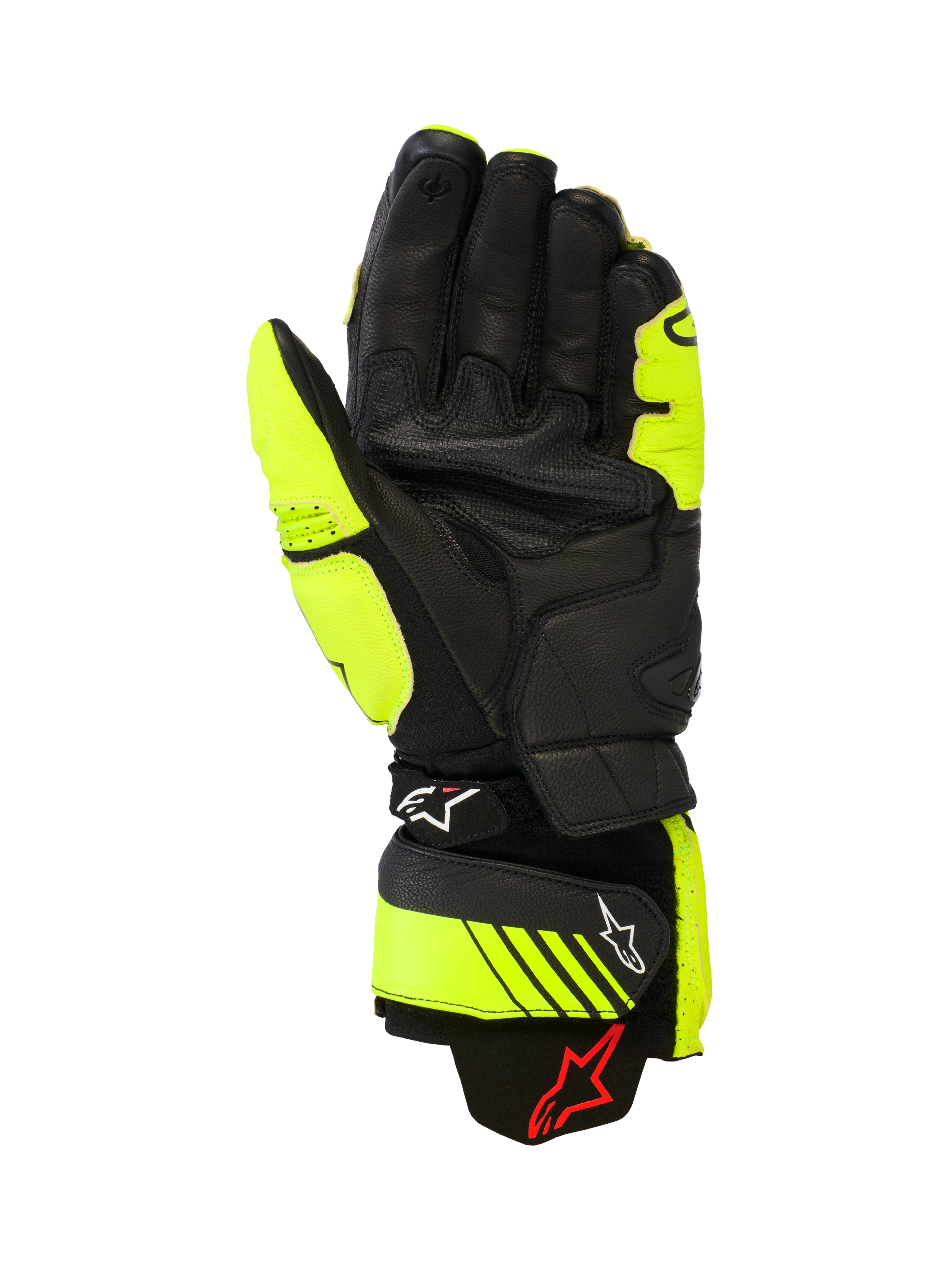 Alpinestars GP Plus R V3 læderhandsker, racing- og sportsmotorcykelhandsker, gul fluo og sort, håndfladevisning der viser læderkonstruktion, forstærkede grebsområder og justerbare manchetstropper med Alpinestars-branding, højtydende baneudstyr