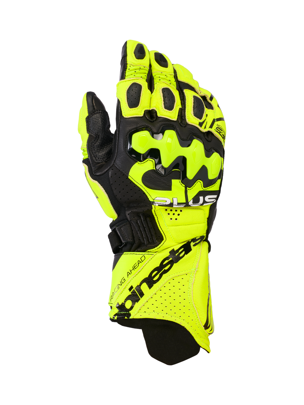 Alpinestars GP Plus R V3 læderhandsker, motorcykelracinghandsker, gul fluo og sort, hårde knobeskyttere, perforerede ventilationszoner, sikker manchetlukning med markant branding
