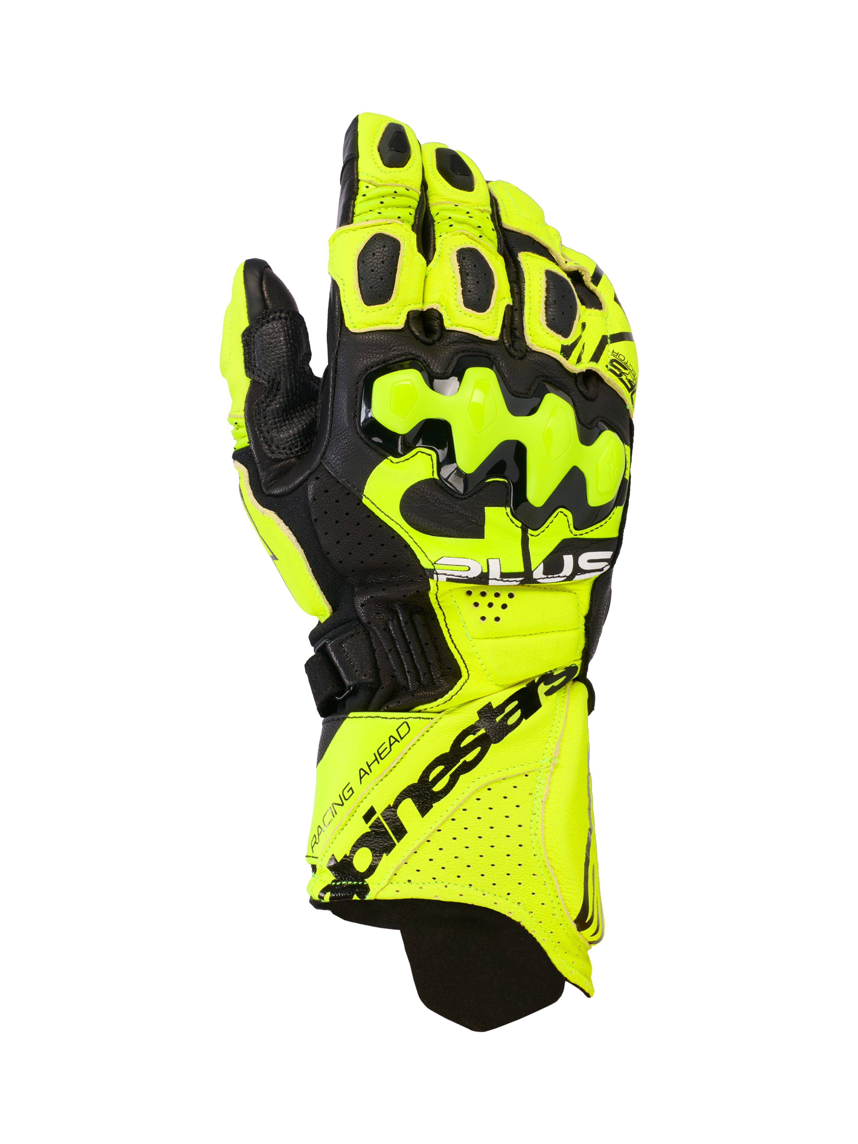 Alpinestars GP Plus R V3 læderhandsker, motorcykelracinghandsker, gul fluo og sort, hårde knobeskyttere, perforerede ventilationszoner, sikker manchetlukning med markant branding
