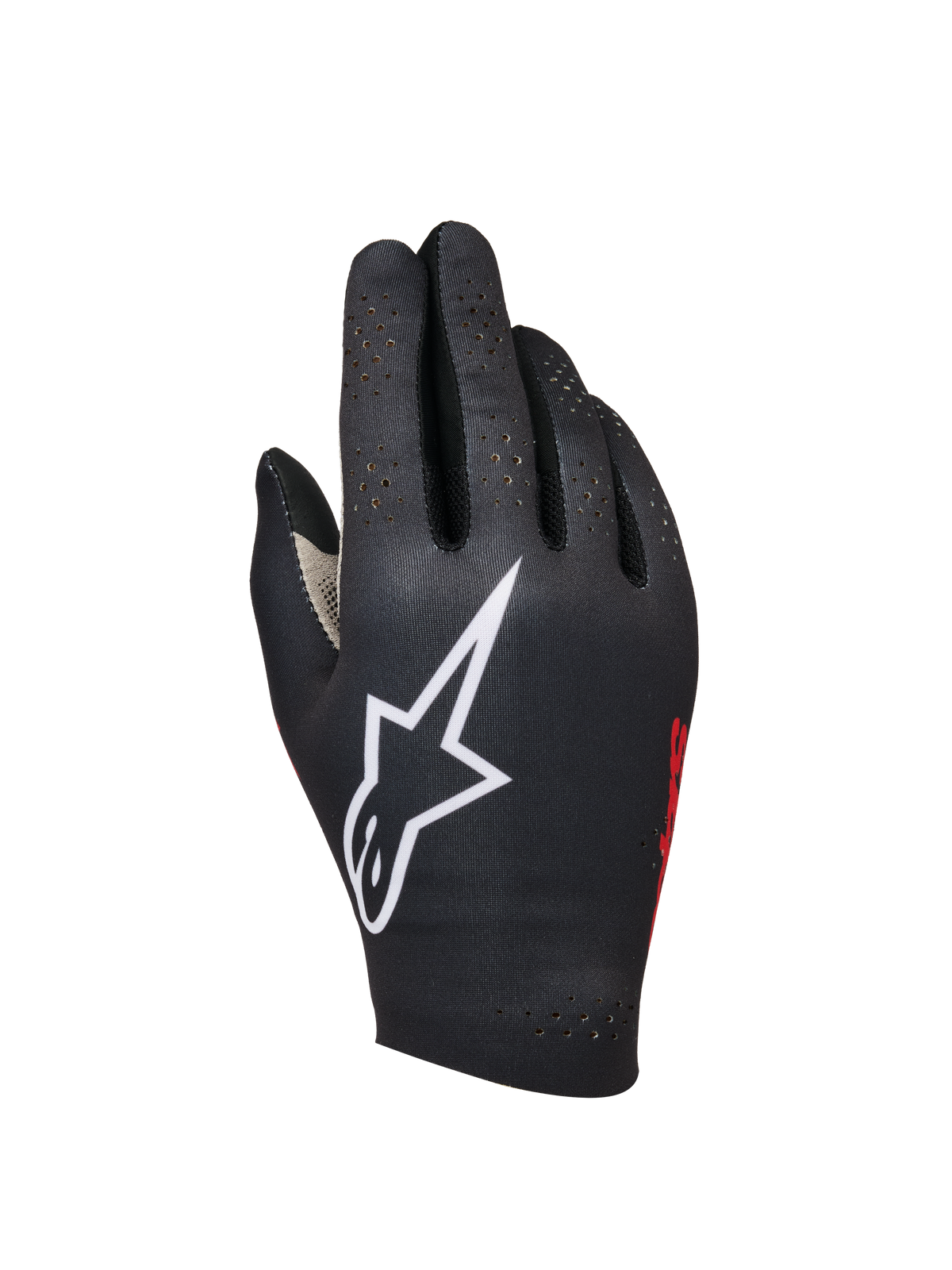 Alpinestars Sim Gloves Graphic 1, sim-racing-handsker, sort med stort hvidt stjerne-logo, rød branding på siden, perforeret design for ventilation, letvægts bonded strækmateriale