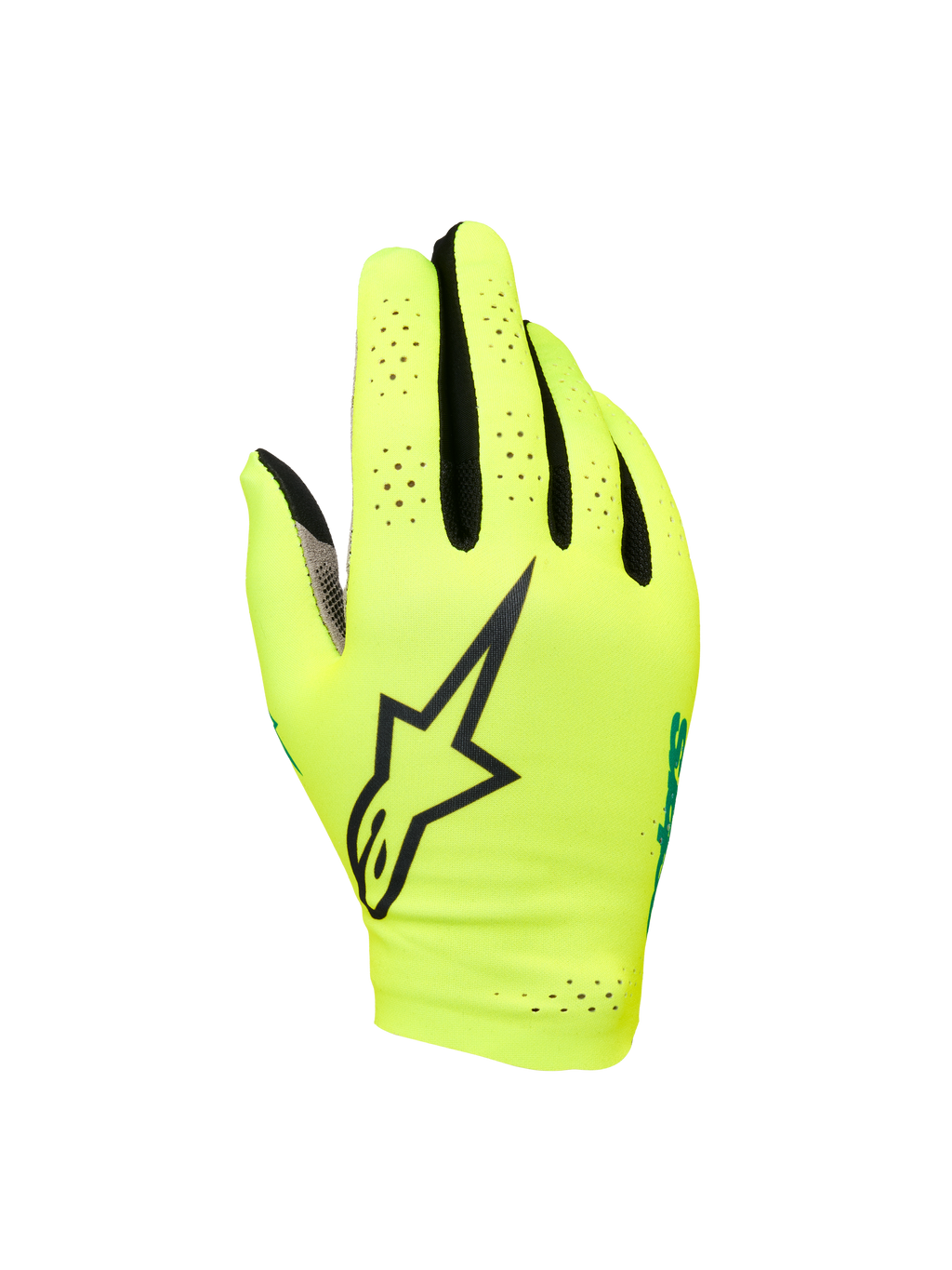 Alpinestars Sim Gloves Graphic 1, SIM-racing handsker, sikkerhedsgul og sort med turkise detaljer, med stort sort stjerne-logo, perforeret letvægts-strækmateriale for ventilation, kort manchet-design for gamingpræcision
