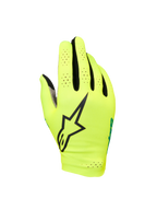 Alpinestars Sim Gloves Graphic 1, SIM-racing handsker, sikkerhedsgul og sort med turkise detaljer, med stort sort stjerne-logo, perforeret letvægts-strækmateriale for ventilation, kort manchet-design for gamingpræcision