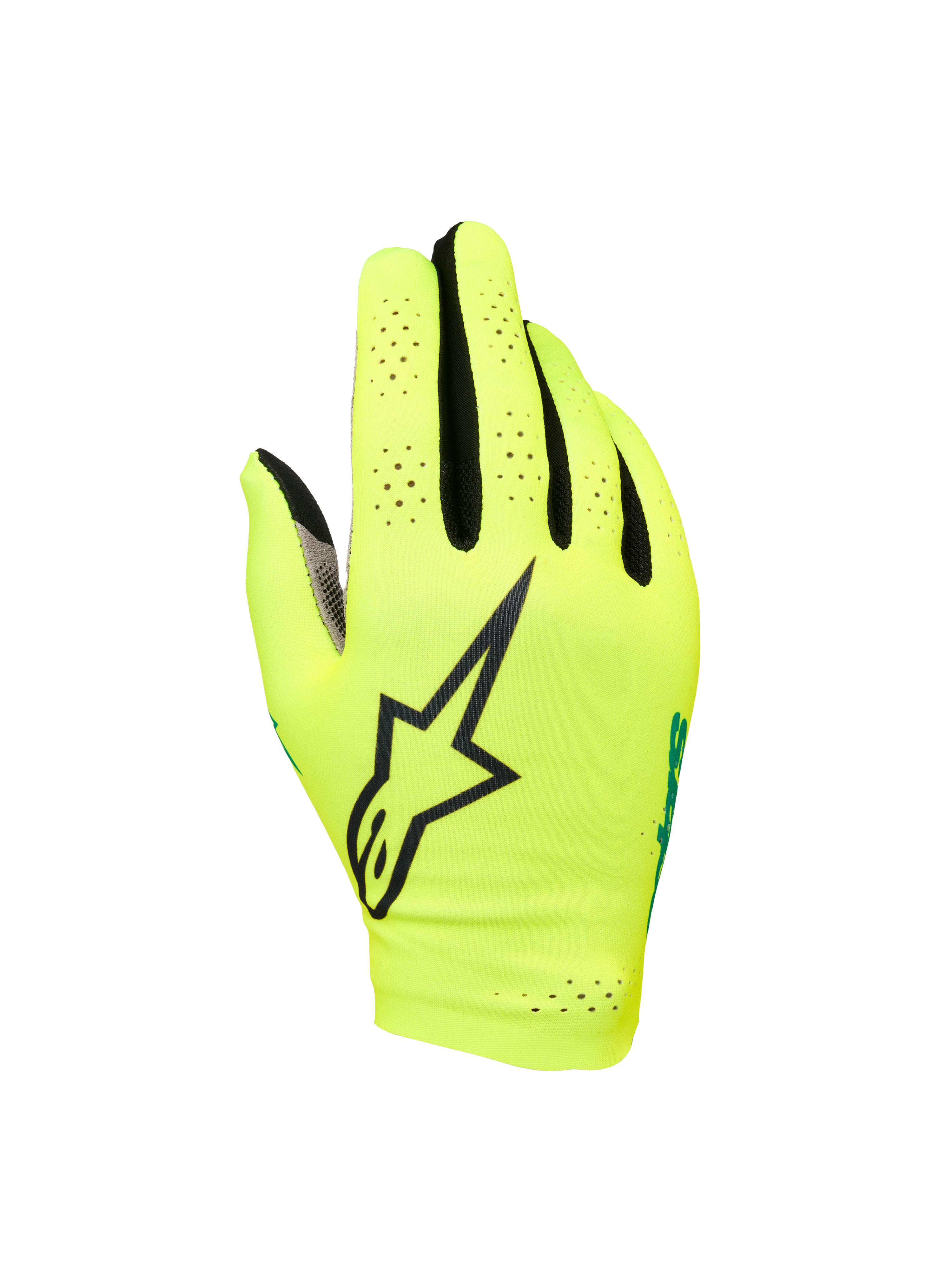 Alpinestars Sim Gloves Graphic 1, SIM-racing handsker, sikkerhedsgul og sort med turkise detaljer, med stort sort stjerne-logo, perforeret letvægts-strækmateriale for ventilation, kort manchet-design for gamingpræcision