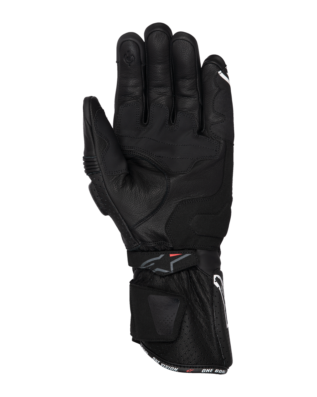 Alpinestars SP-3 handsker, sorte motorcykelhandsker, set fra håndfladen med fuld læderkonstruktion, lang manchet med dobbelt lukkesystem, grebsforstærkninger i håndfladen og touchscreen-kompatibel fingerspids, race-inspireret udstyr til vejkørsel