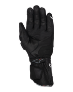 Alpinestars SP-3 handsker, sorte motorcykelhandsker, set fra håndfladen med fuld læderkonstruktion, lang manchet med dobbelt lukkesystem, grebsforstærkninger i håndfladen og touchscreen-kompatibel fingerspids, race-inspireret udstyr til vejkørsel