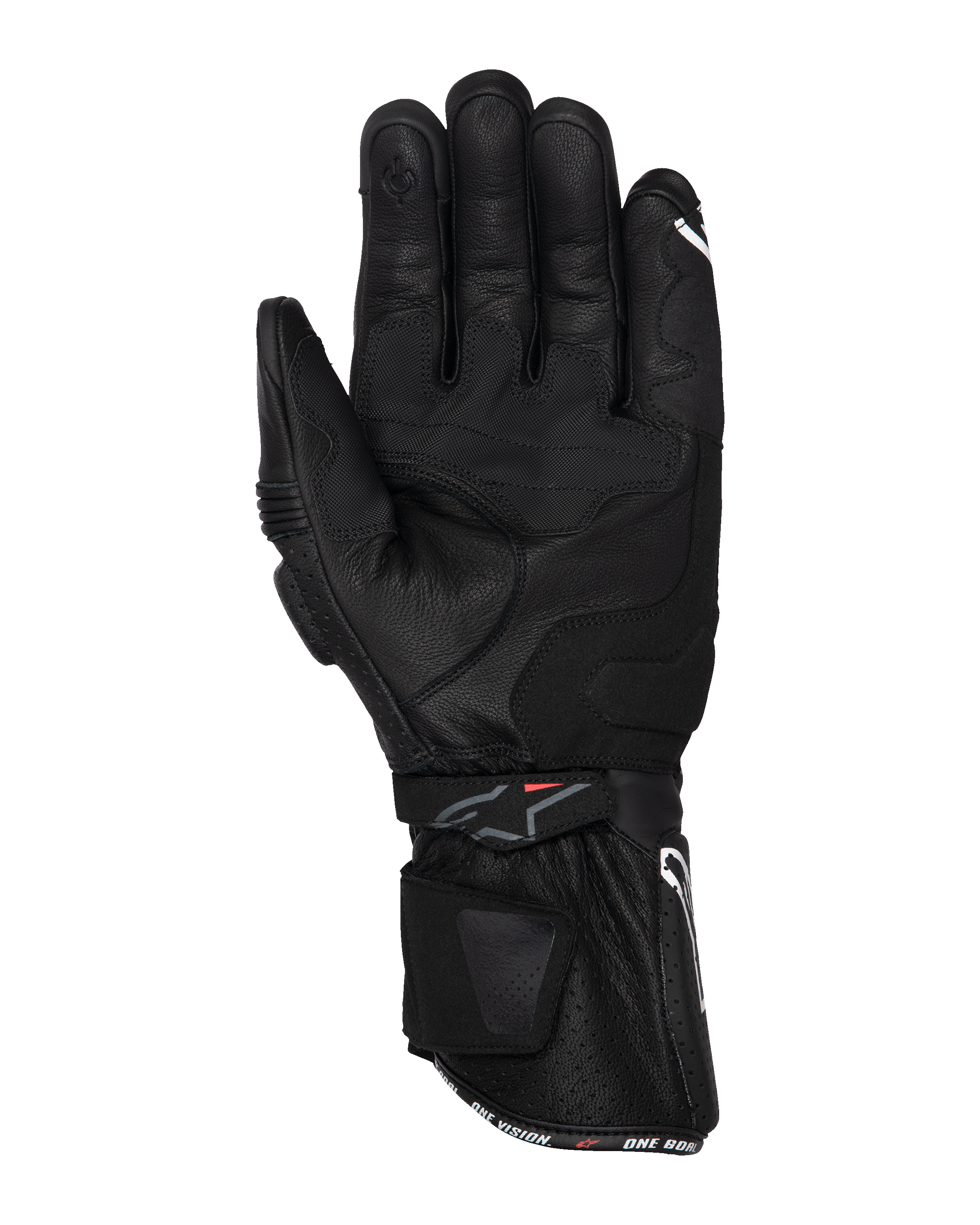 Alpinestars SP-3 handsker, sorte motorcykelhandsker, set fra håndfladen med fuld læderkonstruktion, lang manchet med dobbelt lukkesystem, grebsforstærkninger i håndfladen og touchscreen-kompatibel fingerspids, race-inspireret udstyr til vejkørsel