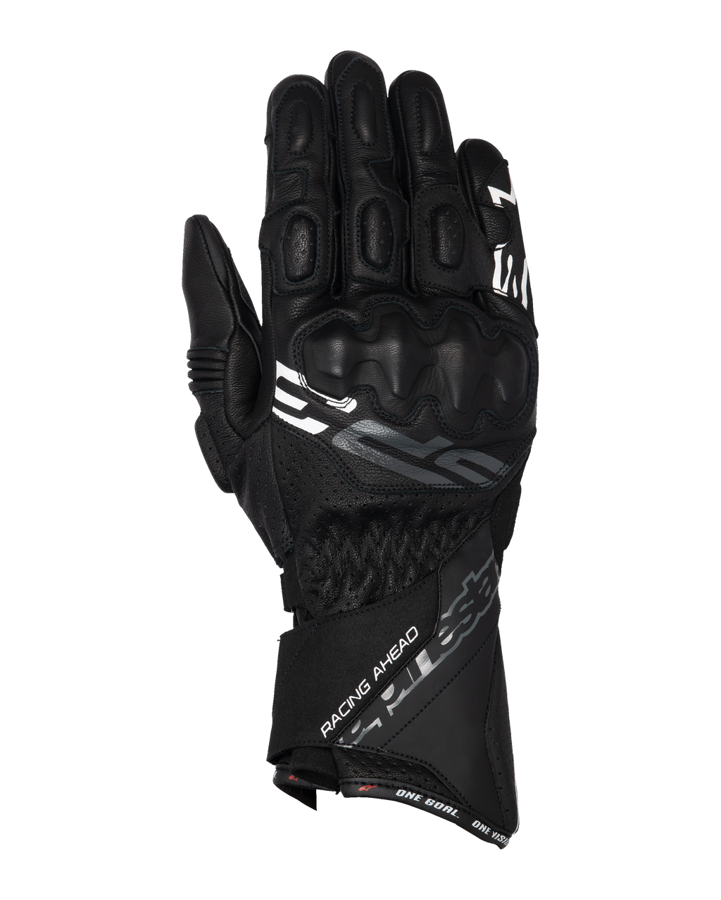 Alpinestars SP-3 handsker, motorcykelracinghandsker med lang manchet, sort med hvide og grå detaljer, PU-dækket knobeskyttelse, tekstureret læderkonstruktion med perforerede detaljer, justerbar manchetstrop