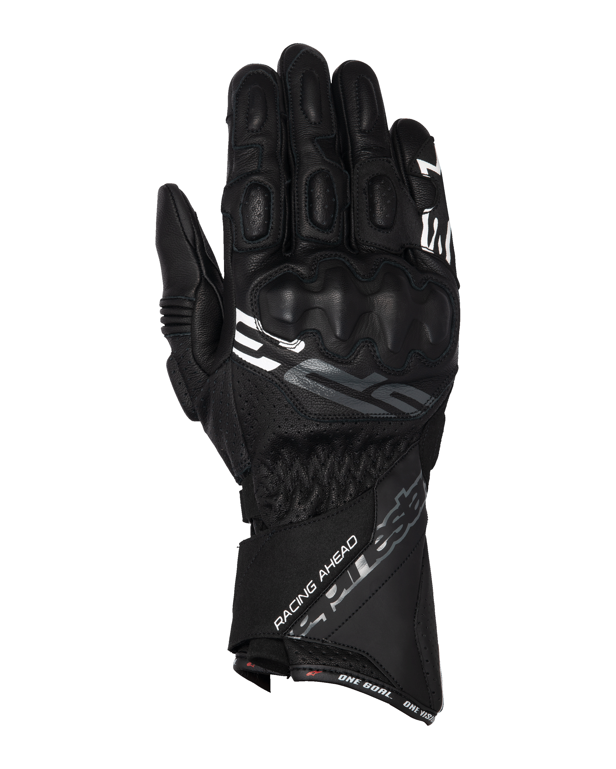 Alpinestars SP-3 handsker, motorcykelracinghandsker med lang manchet, sort med hvide og grå detaljer, PU-dækket knobeskyttelse, tekstureret læderkonstruktion med perforerede detaljer, justerbar manchetstrop