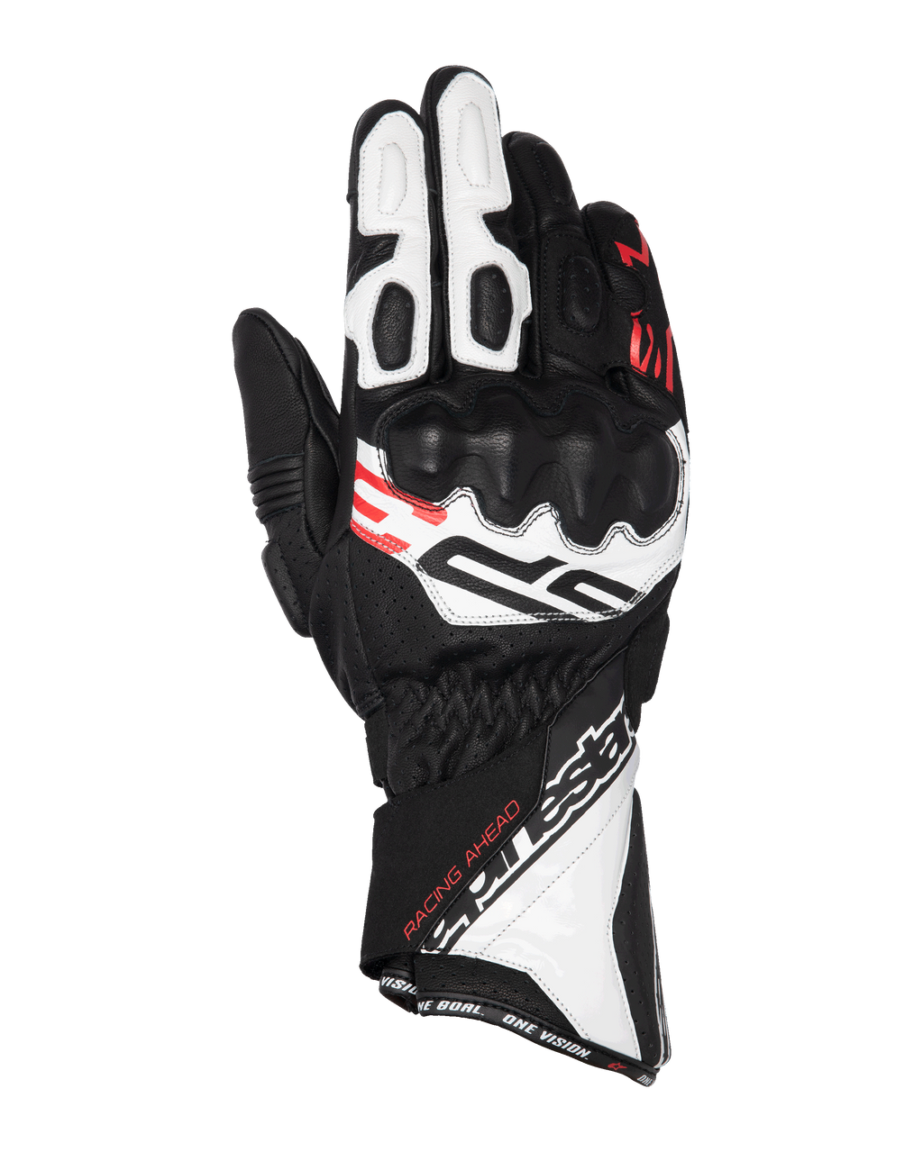 Alpinestars SP-3 Gloves, Motorcycle Racing Gloves, Black White and Red Fluo, long cuff design with reinforced knuckle protection, perforated leather construction, featuring 'Racing Ahead' text and bold Alpinestars branding