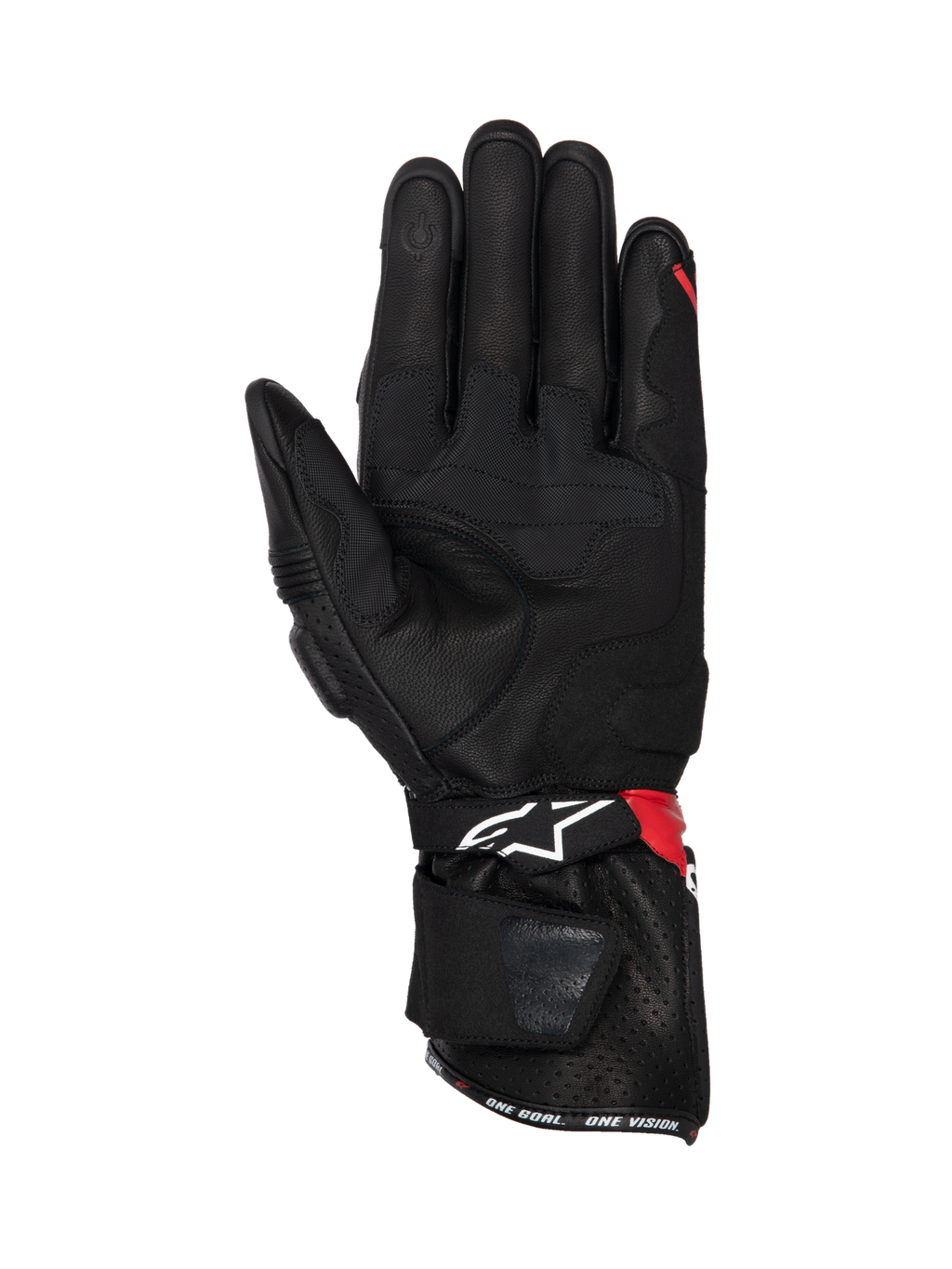 Alpinestars SP-3 handsker, motorcykelracinghandsker i sort læder med røde og hvide detaljer og grebsindsatser på håndfladen
