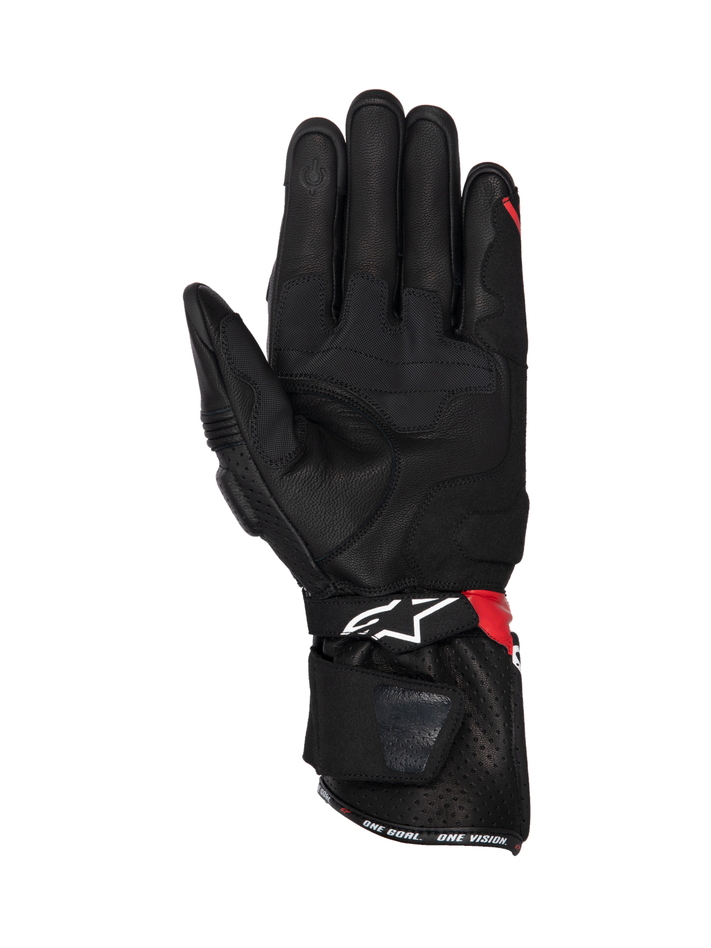 Alpinestars SP-3 handsker, motorcykelracinghandsker i sort læder med røde og hvide detaljer og grebsindsatser på håndfladen
