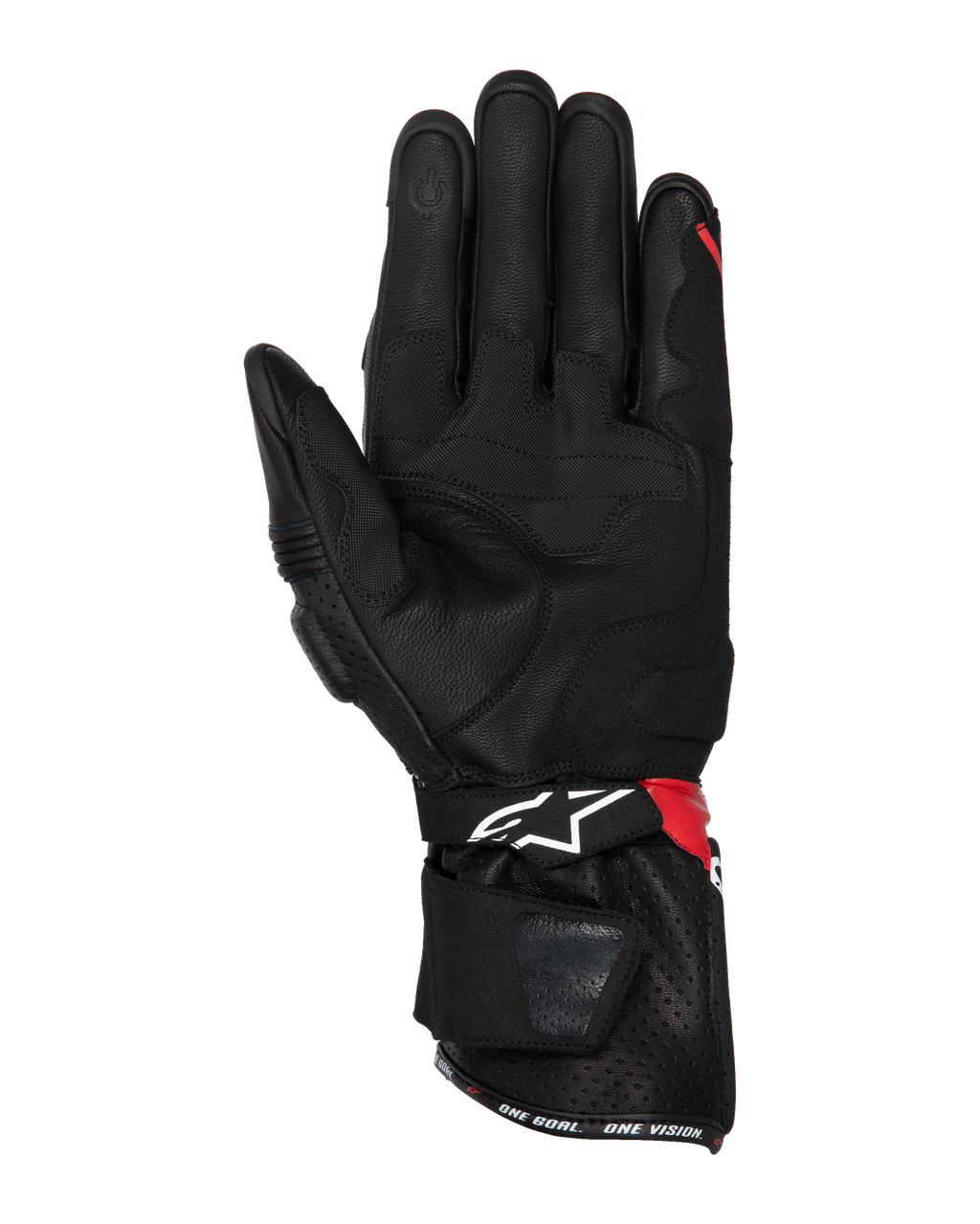 Alpinestars SP-3 handsker, motorcykelhandsker, sort klar rød og hvid, håndfladevisning der viser læderkonstruktion med grebsforstærkninger, touchscreen-kompatibel fingerspids, lang manchet med hvidt logo og røde detaljer, sport og racing design.