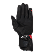 Alpinestars SP-3 handsker, motorcykelhandsker, sort klar rød og hvid, håndfladevisning der viser læderkonstruktion med grebsforstærkninger, touchscreen-kompatibel fingerspids, lang manchet med hvidt logo og røde detaljer, sport og racing design.