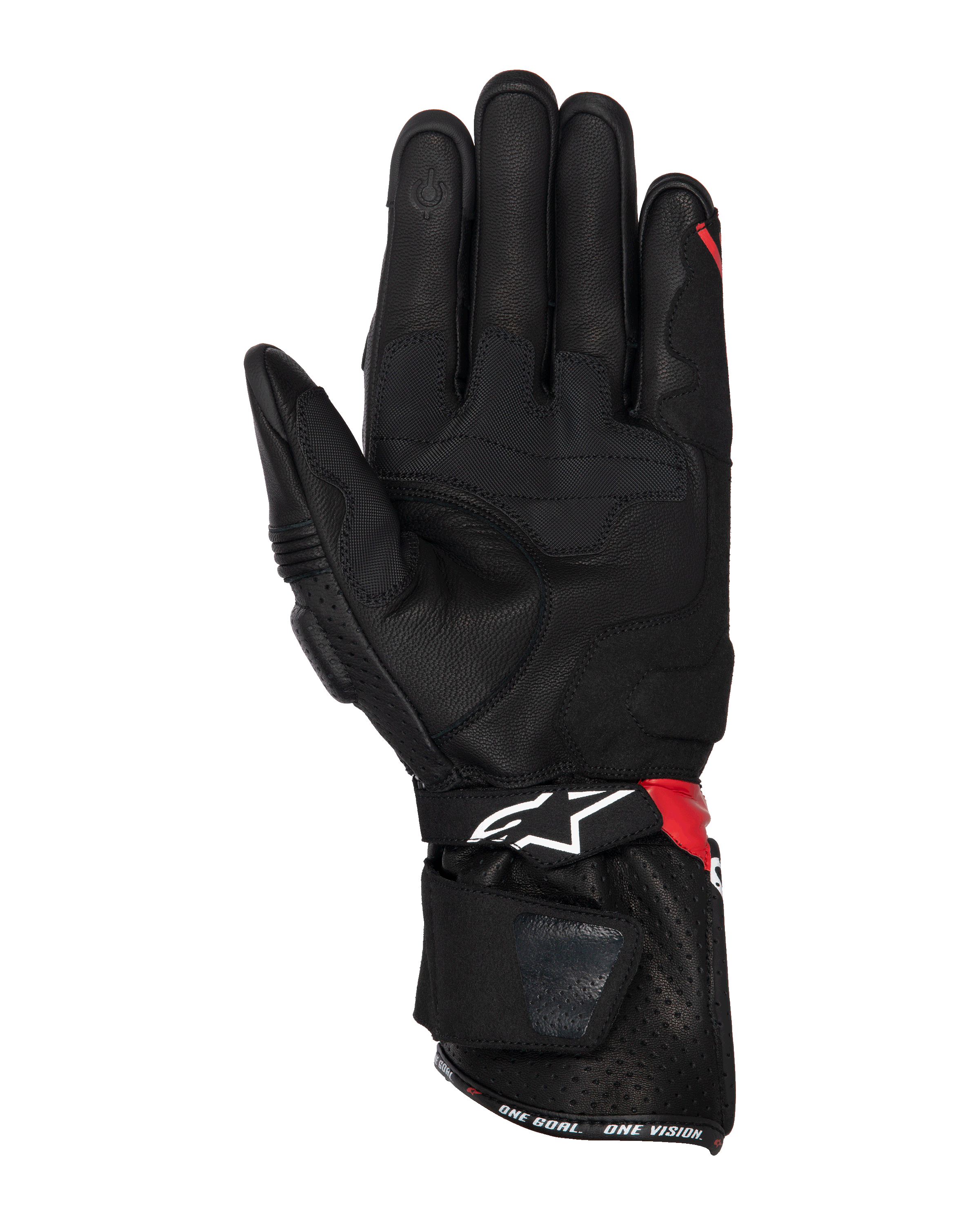 Alpinestars SP-3 handsker, motorcykelhandsker, sort klar rød og hvid, håndfladevisning der viser læderkonstruktion med grebsforstærkninger, touchscreen-kompatibel fingerspids, lang manchet med hvidt logo og røde detaljer, sport og racing design.