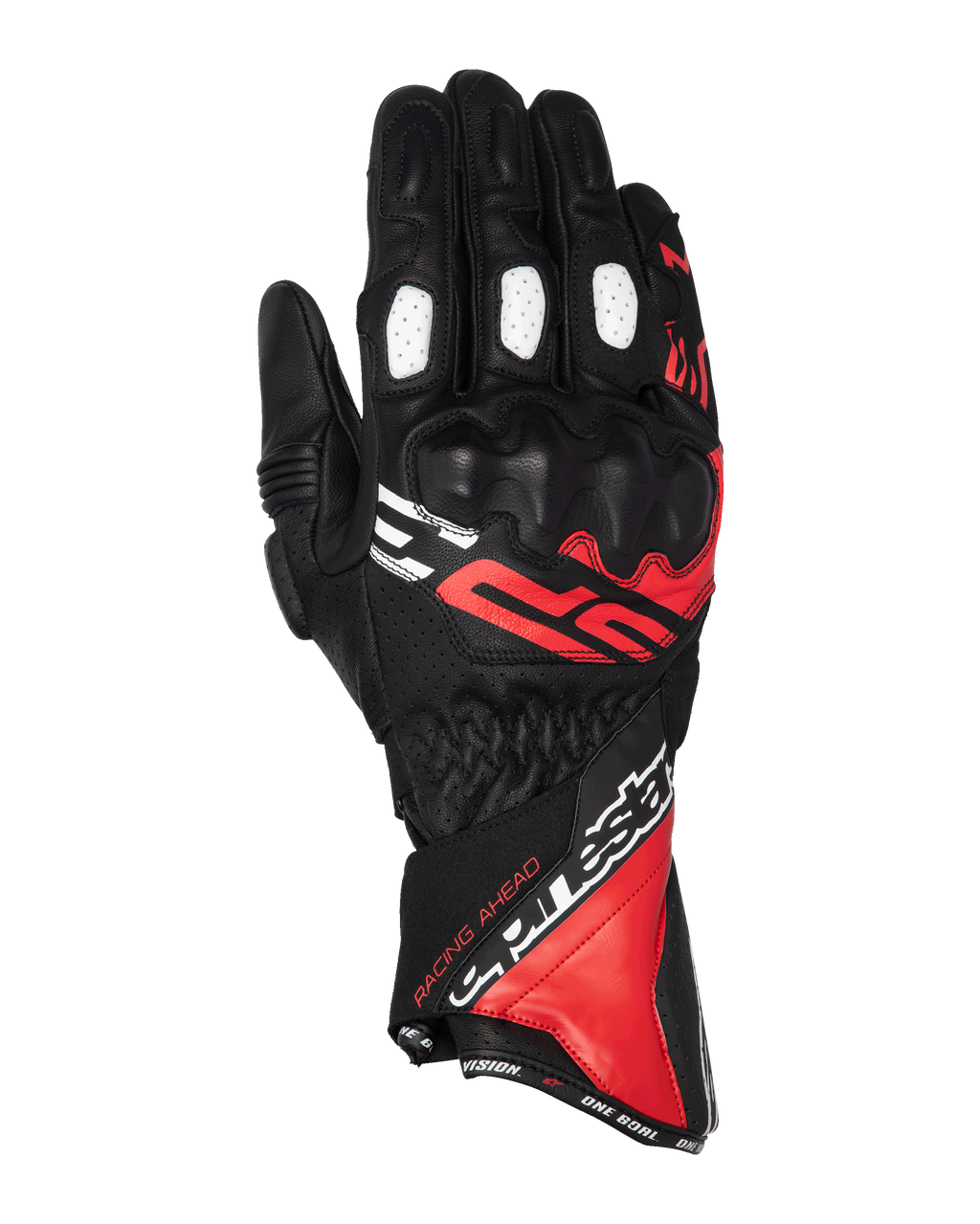 Alpinestars SP-3 handsker, motorcykelracinghandsker med lang manchet, sort med klare røde og hvide detaljer, PU-dækket knoglebeskyttelse, hvide perforerede fingerpaneler, racerinspireret design med markant branding, slidstærk konstruktion i gedeskind