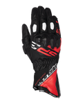 Alpinestars SP-3 handsker, motorcykelracinghandsker med lang manchet, sort med klare røde og hvide detaljer, PU-dækket knoglebeskyttelse, hvide perforerede fingerpaneler, racerinspireret design med markant branding, slidstærk konstruktion i gedeskind