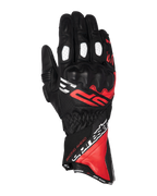 Alpinestars SP-3 handsker, motorcykelracinghandsker med lang manchet, sort med klare røde og hvide detaljer, PU-dækket knoglebeskyttelse, hvide perforerede fingerpaneler, racerinspireret design med markant branding, slidstærk konstruktion i gedeskind