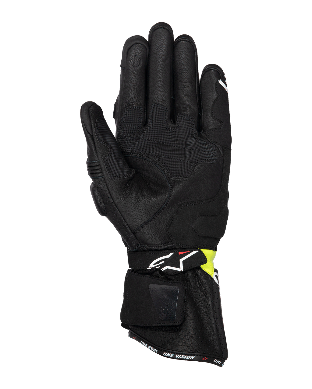 Alpinestars SP-3 handsker, motorcykel road-handsker, sort og gul fluo, set fra håndfladen med gedelæderkonstruktion, polstrede forstærkninger, lang manchet med justerbar rem og touchscreen-kompatibel pegefinger
