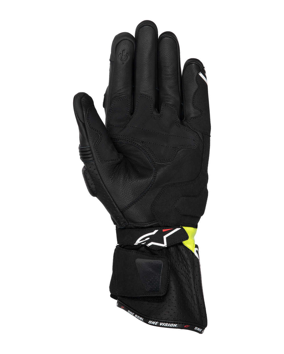 Alpinestars SP-3 handsker, motorcykel road-handsker, sort og gul fluo, set fra håndfladen med gedelæderkonstruktion, polstrede forstærkninger, lang manchet med justerbar rem og touchscreen-kompatibel pegefinger