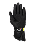 Alpinestars SP-3 handsker, motorcykel road-handsker, sort og gul fluo, set fra håndfladen med gedelæderkonstruktion, polstrede forstærkninger, lang manchet med justerbar rem og touchscreen-kompatibel pegefinger