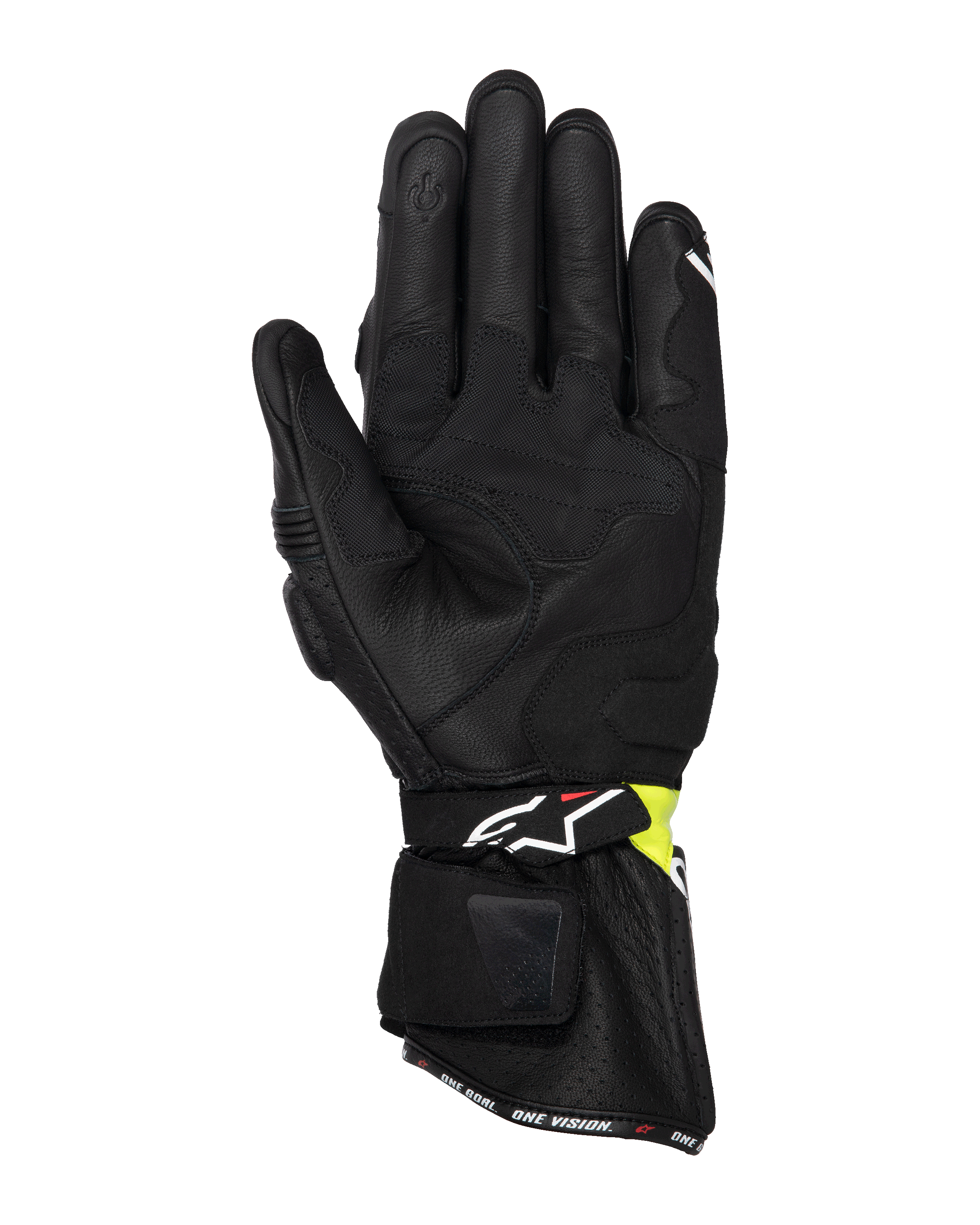 Alpinestars SP-3 handsker, motorcykel road-handsker, sort og gul fluo, set fra håndfladen med gedelæderkonstruktion, polstrede forstærkninger, lang manchet med justerbar rem og touchscreen-kompatibel pegefinger