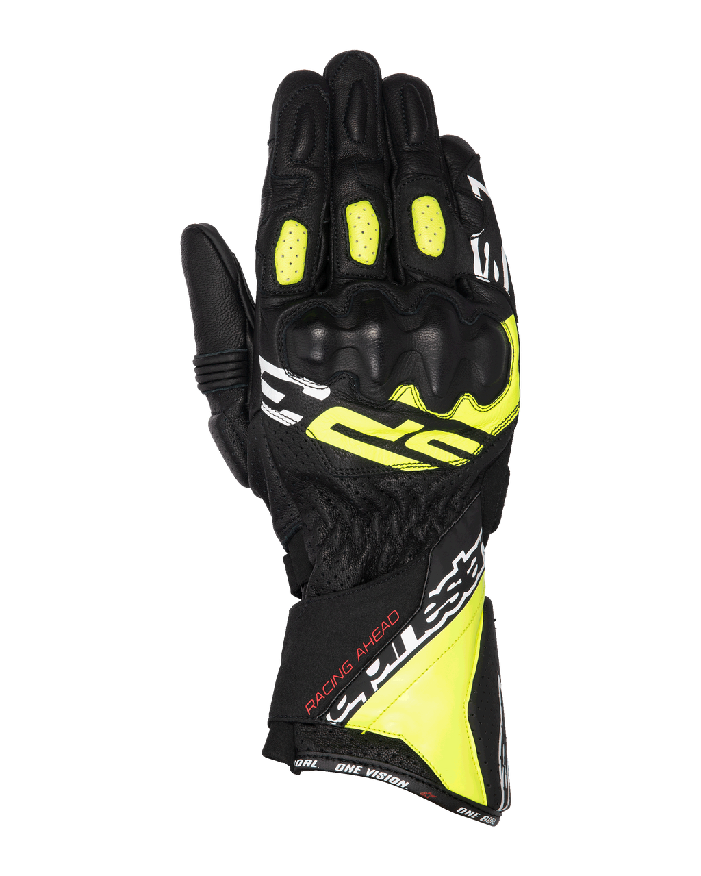 Alpinestars SP-3 handsker, motorcykelracinghandsker, sort, neongul og hvid, lang manchet med forstærket knobeskyttelse, fuld gedelæderkonstruktion, accordion-flekszoner på fingrene og sikkert dobbelt lukkesystem