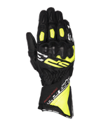 Alpinestars SP-3 handsker, motorcykelracinghandsker, sort, neongul og hvid, lang manchet med forstærket knobeskyttelse, fuld gedelæderkonstruktion, accordion-flekszoner på fingrene og sikkert dobbelt lukkesystem