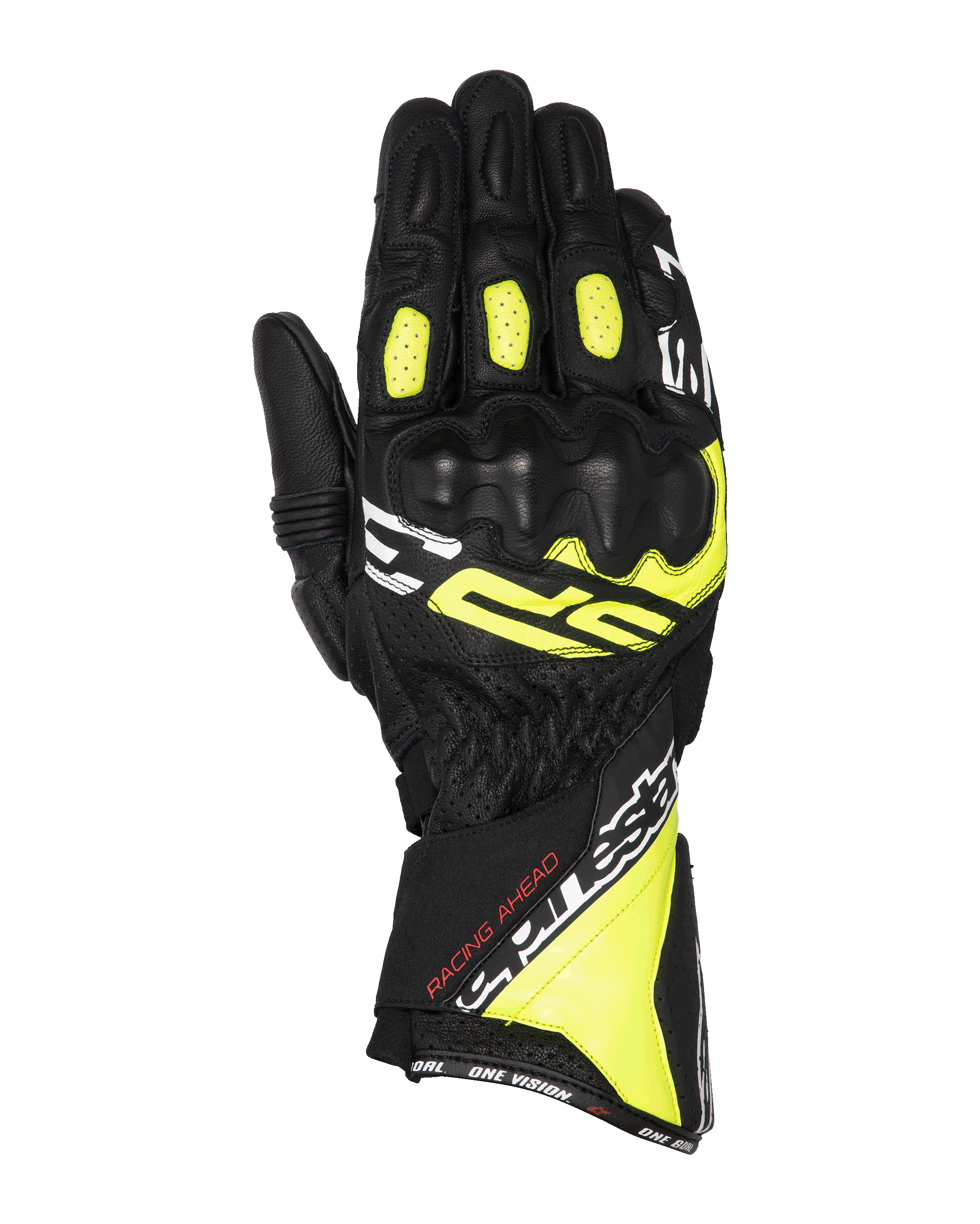 Alpinestars SP-3 handsker, motorcykelracinghandsker, sort, neongul og hvid, lang manchet med forstærket knobeskyttelse, fuld gedelæderkonstruktion, accordion-flekszoner på fingrene og sikkert dobbelt lukkesystem