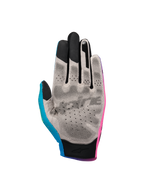 Alpinestars Sim Gloves Graphic 2, SIM Racing Gloves, Pink, Cyan, and Black, palm view featuring grey Nanofront fabric with black 3D grip pattern, touchscreen-compatible fingertips, specialized for virtual racing performance.