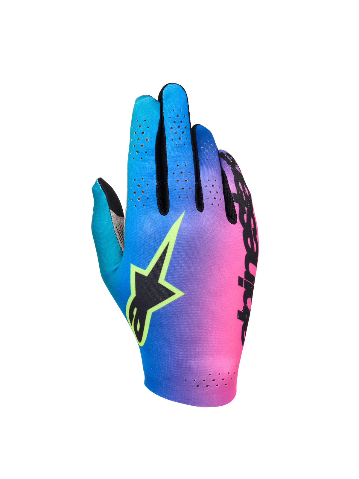Alpinestars Sim Gloves Graphic 2, SIM-racinghandsker, cyan, lilla og pink gradient, sort stjerne-logo med neongul kant, perforeret overhånd for ventilation, letvægts gaming-udstyr