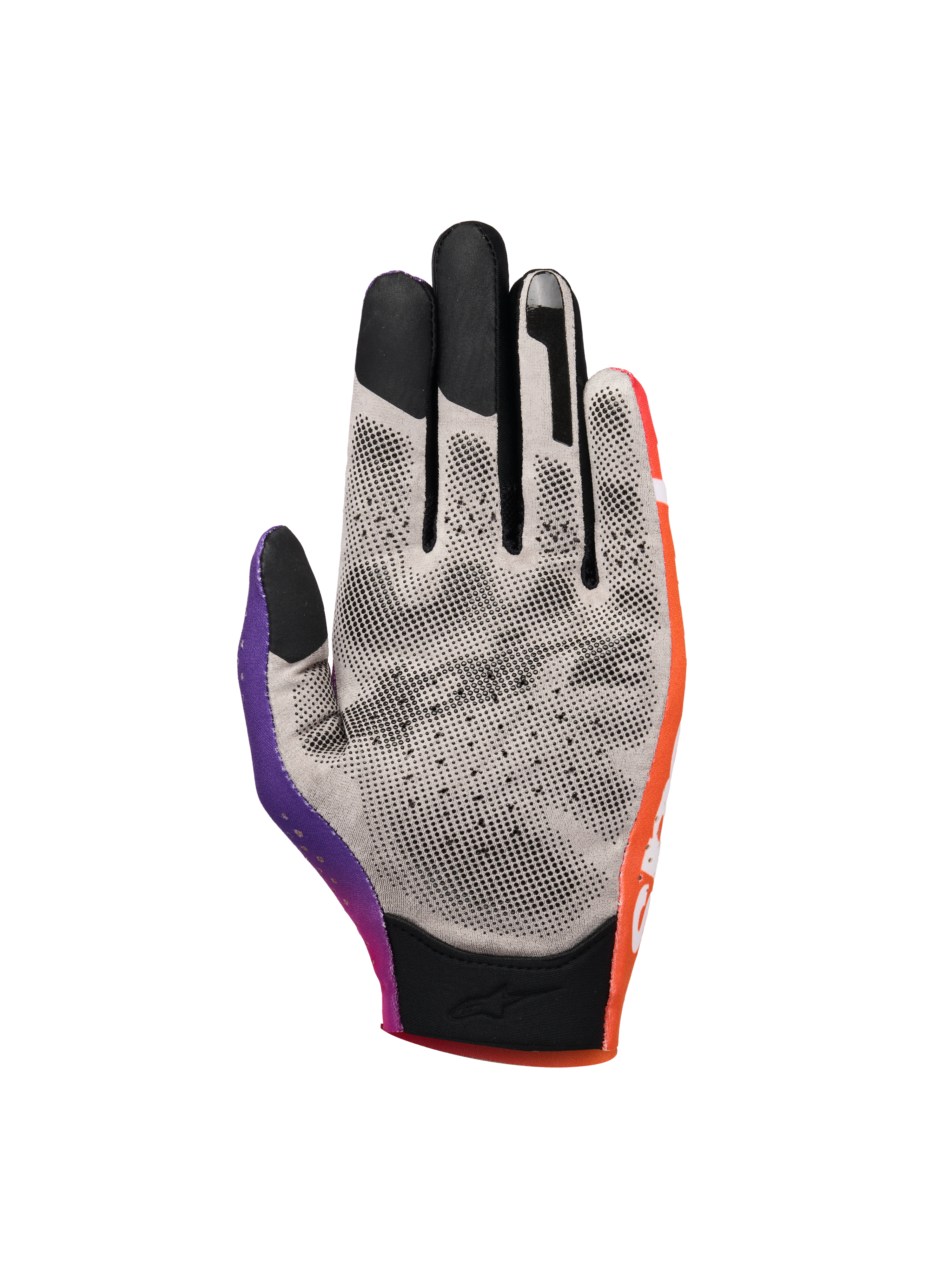 Alpinestars Sim Gloves Graphic 2, Sim Racing Gloves, Orange Neon Purple and White, palm view showing grey fabric with black 3D printed grip dots, touchscreen-compatible fingertips, and short cuff for virtual racing precision