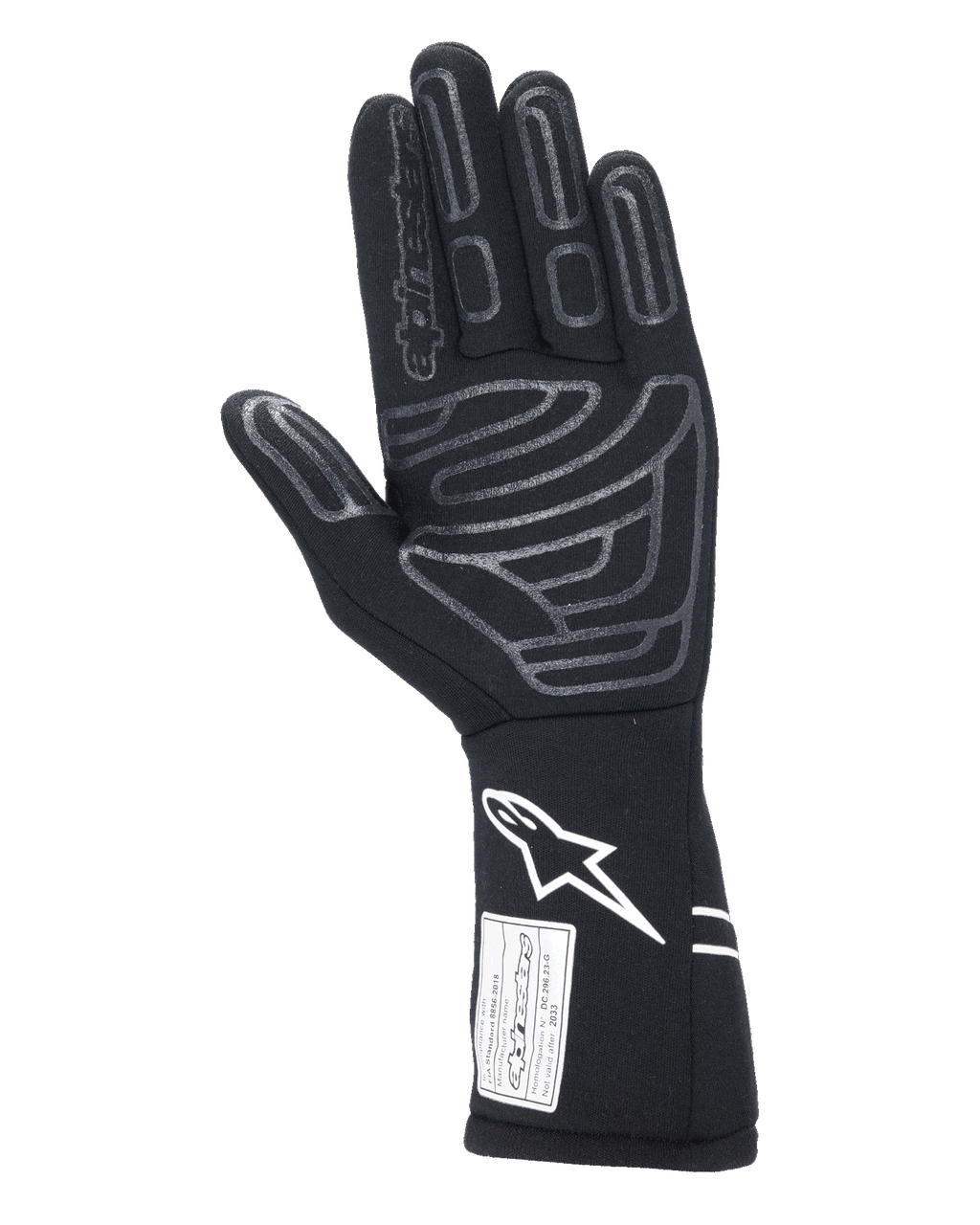 Alpinestars Tech-1 Start V4 Gloves FIA, Black Auto Racing Glove, palm view featuring grey silicone grip patterns on fingers and palm, white Astars logo on the extended cuff, FIA certification label, professional motorsport gear