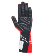 Alpinestars Tech-1 Start V4 Gloves FIA, Auto Racing Gloves, Red and Black, palm view featuring grey silicone grip patterns, white Alpinestars logo on the extended cuff, and FIA 8856-2018 certification label