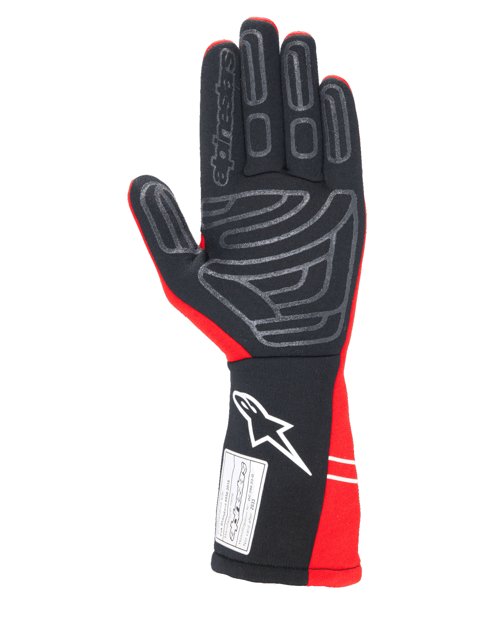 Alpinestars Tech-1 Start V4 Gloves FIA, Auto Racing Gloves, Red and Black, palm view featuring grey silicone grip patterns, white Alpinestars logo on the extended cuff, and FIA 8856-2018 certification label