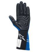Alpinestars Tech-1 Start V4 Gloves FIA, Auto Racing Gloves, Royal Blue and Black, palm view featuring grey silicone grip pattern on fingers and palm, extended cuff with white logo and FIA homologation label