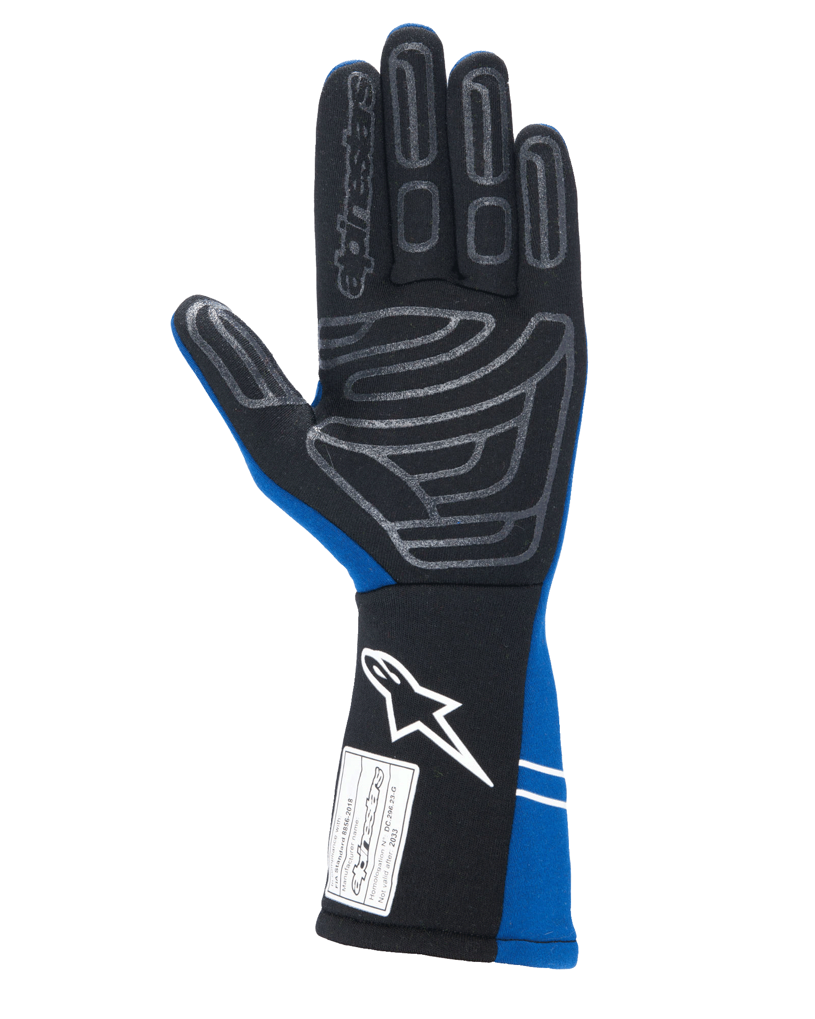 Alpinestars Tech-1 Start V4 Gloves FIA, Auto Racing Gloves, Royal Blue and Black, palm view featuring grey silicone grip pattern on fingers and palm, extended cuff with white logo and FIA homologation label