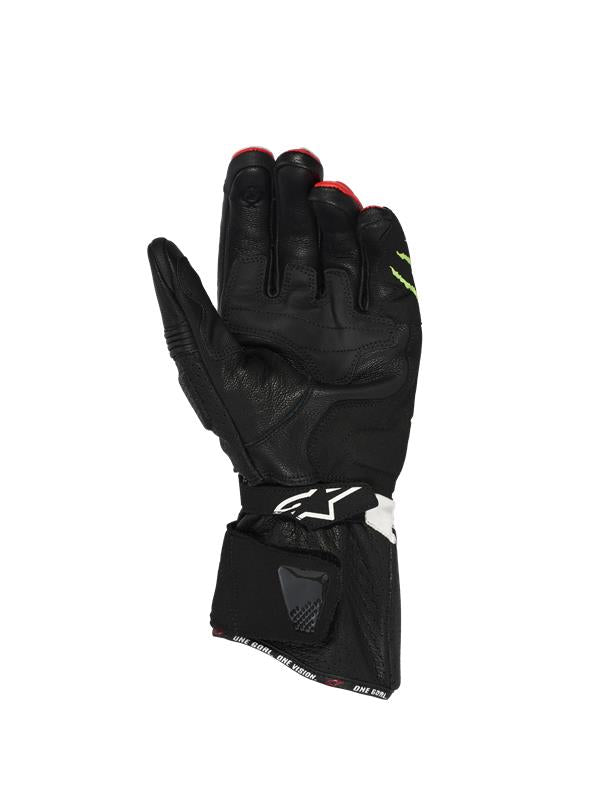 Alpinestars FQ20 SP-3 Monster handsker, set fra håndfladen, konstruktion i sort gedelæder med forstærkede håndfladepuder, lang manchet med teksten 'ONE GOAL. ONE VISION.', dobbelt lukkesystem med Alpinestars-logo på håndledsremmen, racing- og sportsmotorcykeludstyr.