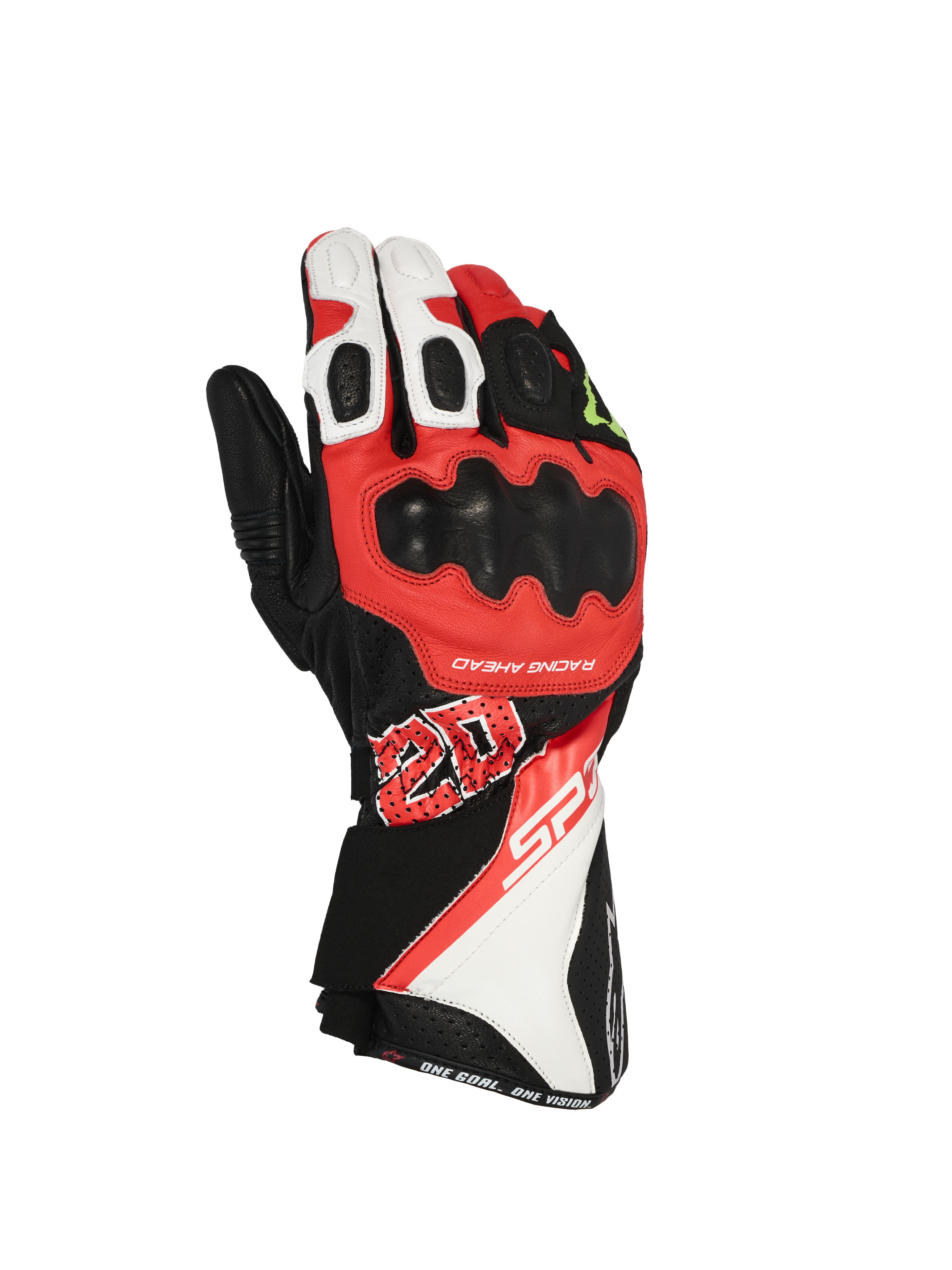 Alpinestars FQ20 SP-3 Monster handsker, motorcykel racerhandsker, sort, rød fluo og hvid, med langt manchet-design, hård knobeskyttelse, fremtrædende '20' grafik og SP-3 branding, læderkonstruktion til sport- og landevejskørsel