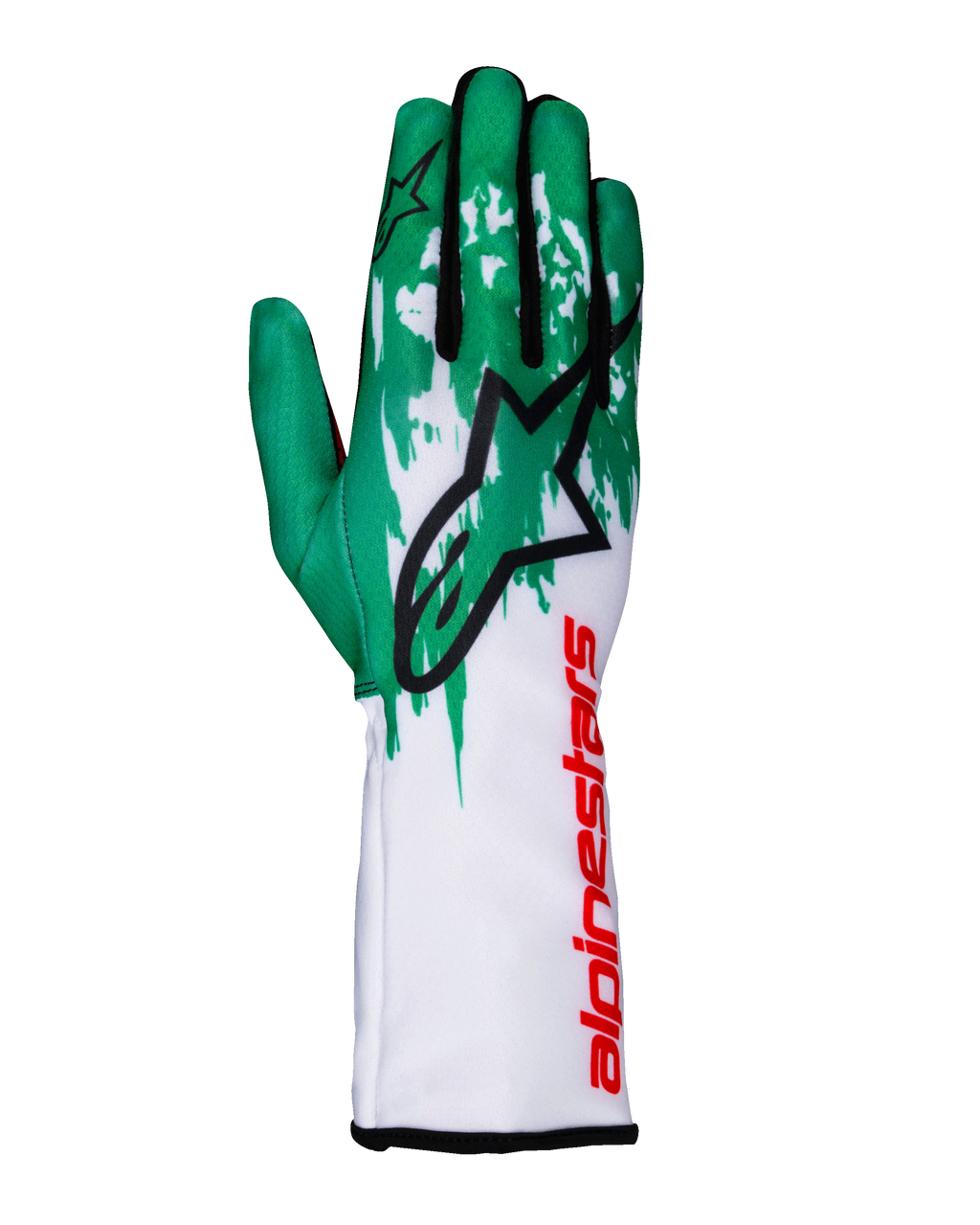 Alpinestars Tech-1 K V3 handsker, karting racinghandsker, hvid, grøn og rød, stort sort stjernelogo på håndryggen, lodret rød Alpinestars-branding på manchetten, grønt og hvidt grafisk mønster på fingrene, teknisk tætsiddende design