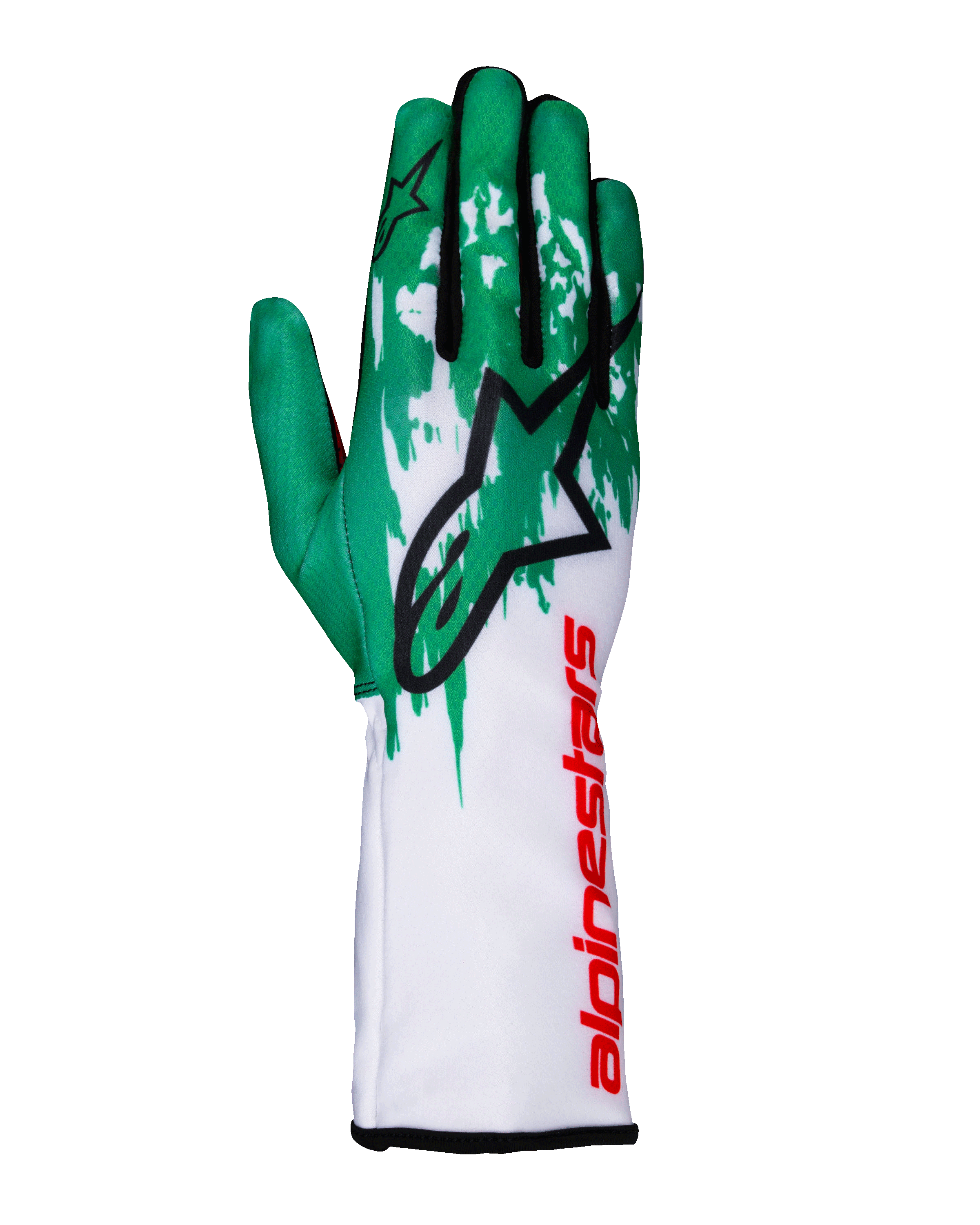 Alpinestars Tech-1 K V3 Gloves, Karting Racing Gloves, White Green and Red, large black star logo on back of hand, vertical red Alpinestars branding on gauntlet, green and white graphic pattern on fingers, technical fitted design
