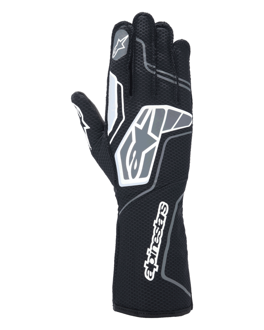 Alpinestars Tech-1 KX V4 handsker, kartinghandsker, Black Anthracite, set bagfra, viser åndbart dobbeltlags mesh, grå og hvide grafiske detaljer, tydelig Alpinestars-branding på håndleddet og knoerne, specialiseret racerudstyr