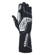 Alpinestars Tech-1 KX V4 handsker, kartinghandsker, Black Anthracite, set bagfra, viser åndbart dobbeltlags mesh, grå og hvide grafiske detaljer, tydelig Alpinestars-branding på håndleddet og knoerne, specialiseret racerudstyr