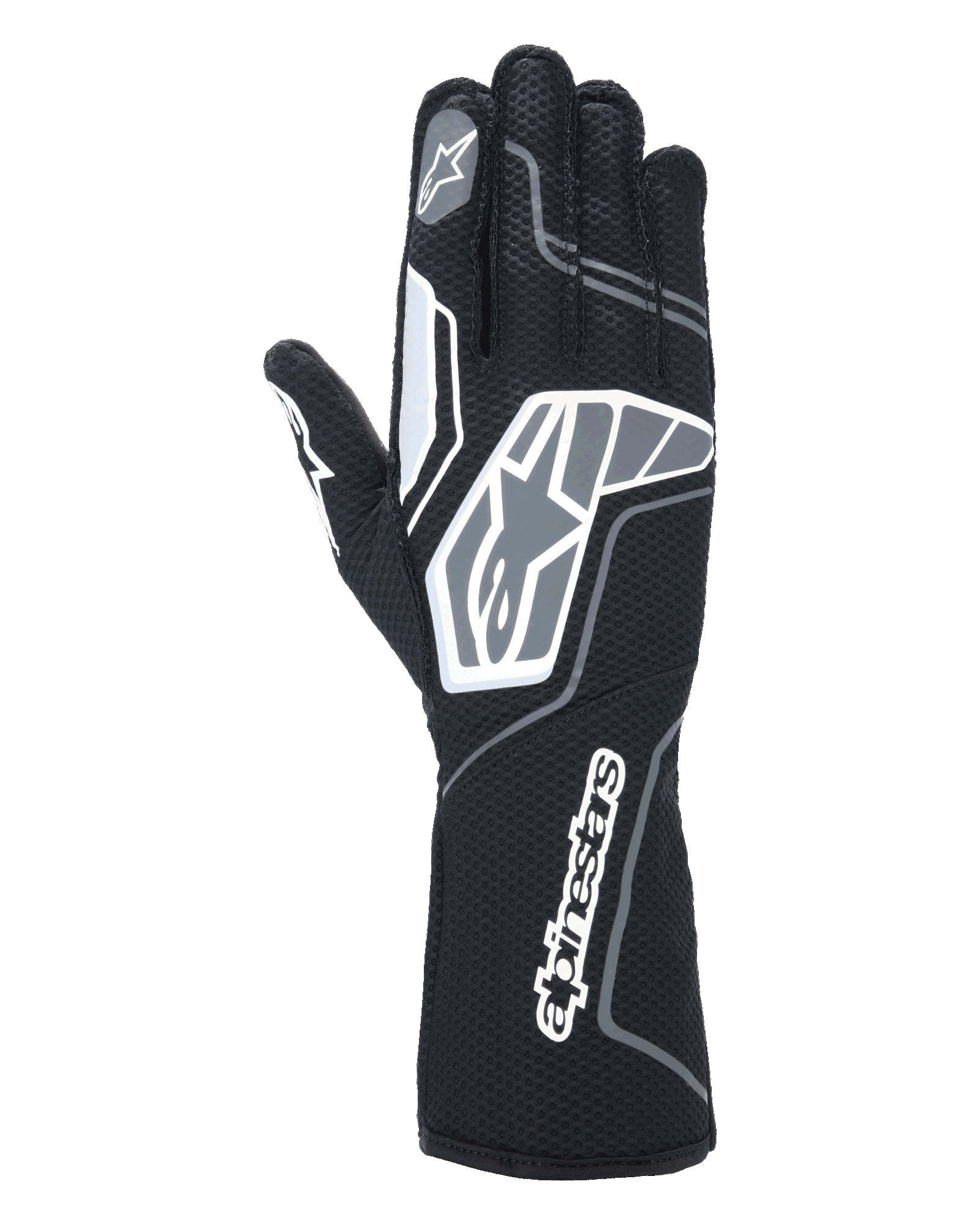 Alpinestars Tech-1 KX V4 handsker, kartinghandsker, Black Anthracite, set bagfra, viser åndbart dobbeltlags mesh, grå og hvide grafiske detaljer, tydelig Alpinestars-branding på håndleddet og knoerne, specialiseret racerudstyr