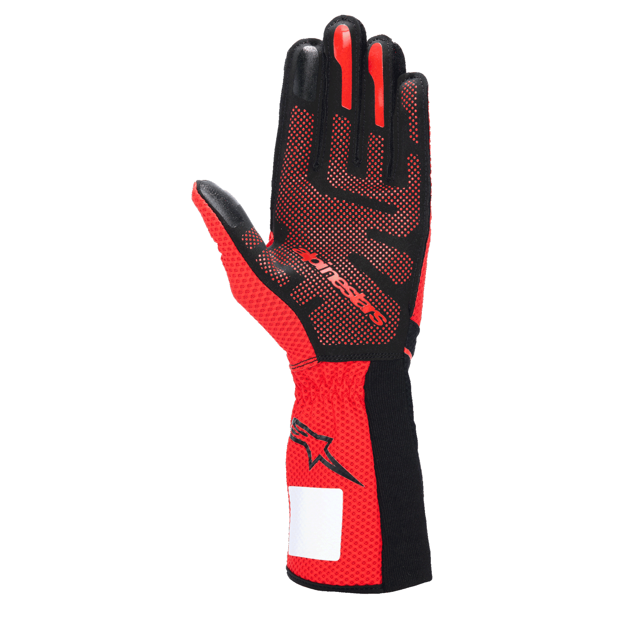 Alpinestars Tech-1 KX V4 Gloves, Karting Gloves, Black and Red, palm view showing 3D silicone grip pattern, breathable red mesh fabric, and white identification label on the wrist