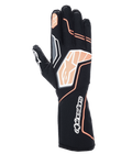 Alpinestars Tech-1 KX V4 handsker, kartinghandsker, sort og fluorescerende orange, viser åndbar mesh-konstruktion, orange og hvide grafiske detaljer, Alpinestars-logo på knoerne og manchetten, professionelt racerdesign
