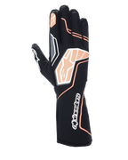 Alpinestars Tech-1 KX V4 handsker, kartinghandsker, sort og fluorescerende orange, viser åndbar mesh-konstruktion, orange og hvide grafiske detaljer, Alpinestars-logo på knoerne og manchetten, professionelt racerdesign